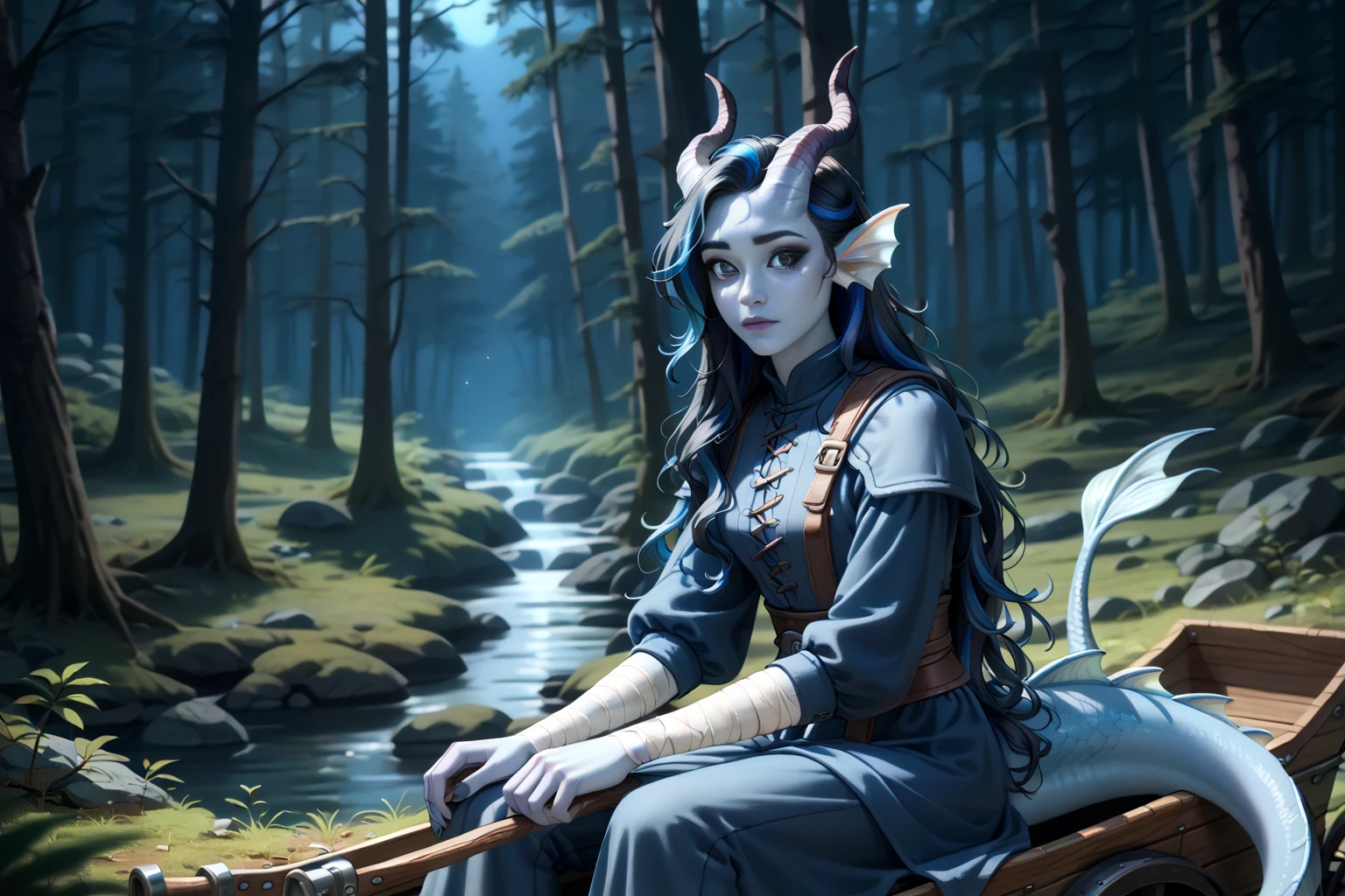 ( sprawling cedar , Cedar forest), (1Тiefling ,  dark blue-gray skin :1.5), ( very thick long tiefling dragon tail :1.5), ( long black flowing hair with dark blue highlights:1.4), ( the bright blue-black pigmentation on the face :1.5), (blue-black freckles :1.2) , (2 fins on the head:1.4), (bright blue-grey pupils,  Black eyes :1.4), ( blue-black pigmentation on the skin :1.5), ( dark grey straight short horns ), ( blue and black pigmentation on the tail :1.5),  girl  , (kind face), (curiosity ), (35 years old:1.5), (adult:1.2), (Deep look:1.3), [a white canvas shirt ], (light armor), (medieval pants), (chainmail), (you can see pigmentation on his shoulder ), (tail protection), ( against the background of the gloomy night forest ), (dark), (Night, gloomy clouds :1.3) , (heavy night clouds:1.3), (the tail is behind and wraps around the body:1.2), [ on the bank of a stream in the middle of the dark forest], [ next to a stream with clear clear water ], scale,  Dark colors , [ dark roots hang , pieces of land ], (visible in full), (turned to the forest), (sits on a wooden medieval cart:1.3), (close up), ( with her back to the viewer ), (looking over shoulder:1.2), ( top view), (the dark, scary thicket of a deep forest in the distance), ( top quality ), ( masterpiece fails),  ( highest detail ),  fantasy background, blue tones, Dark tones, dark shades,  muted colors, night light.