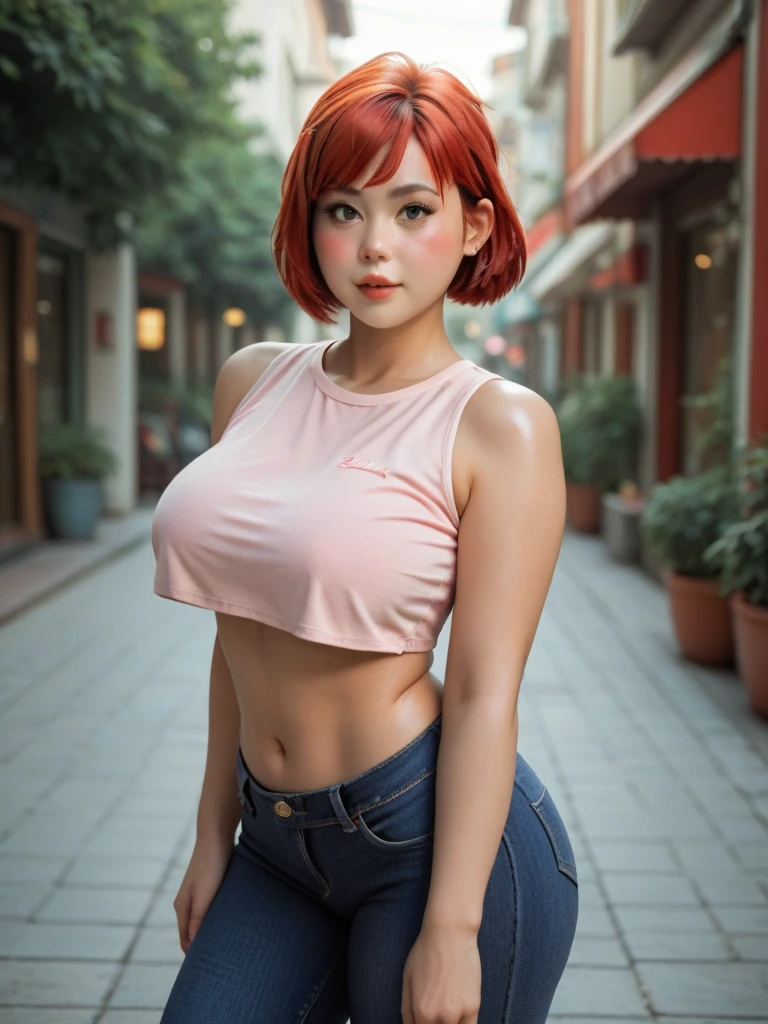 Mei Li blushes, Red hair, short haircut, smiles, denim miniskirt,stands tall,shiny skin,big breasts, Thick hips,crop top,sneakers