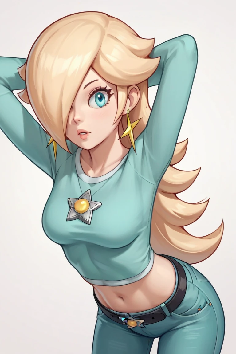 score_9, score_8_up, score_7_up, source_anime, rosalina, blonde hair, blue eyes, hair over one eye, long hair, star earrings, solo, cowboy shot, black t-shirt, taut clothes, tight shirt, midriff, navel, jeans, black belt, arms behind head, leaning forward