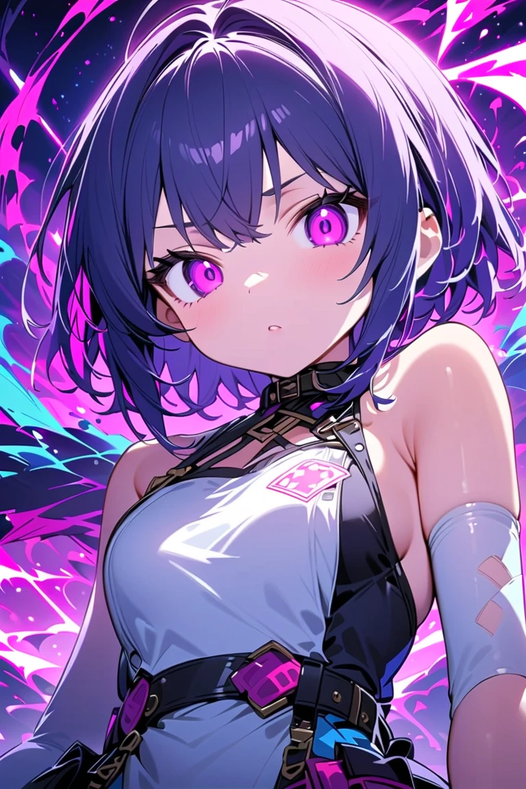 18 year old beautiful girl, purple big eyes, Petite and slender、slightly large breast, ((Silvery hair,)),(Loose fluffy short bob hair), in 8K, of the highest quality, (Highly detailed head: 1.0), (Very detailed face: 1.0), (very detail hair: 1.0),(skimpy bunny suit), sexy tattoo, Detailed official artwork, anime moe art style, clean detailed anime art, Cool smile