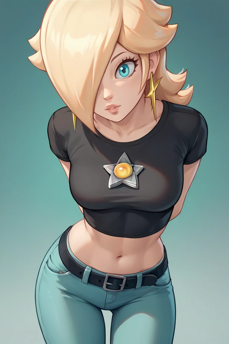 score_9, score_8_up, score_7_up, source_anime, rosalina, blonde hair, blue eyes, hair over one eye, long hair, star earrings, solo, cowboy shot, black t-shirt, taut clothes, tight shirt, midriff, navel, jeans, black belt, arms behind back, leaning forward