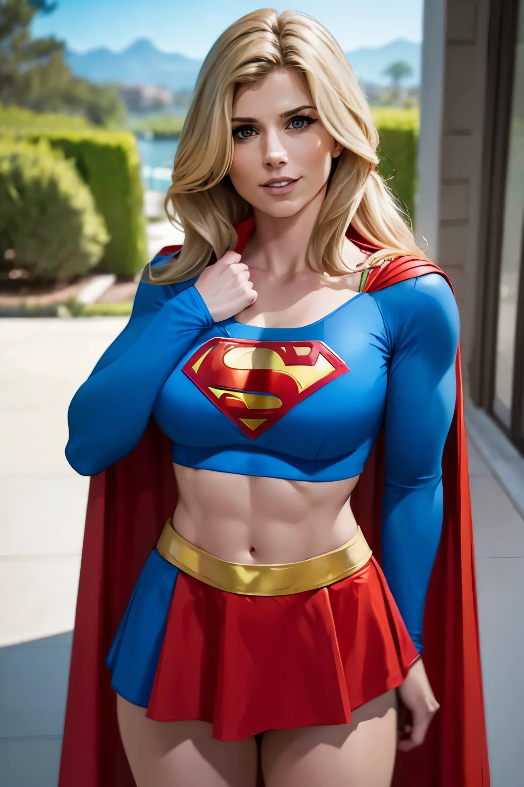 A woman wearing a light blue costume with a red cape, Super heroine, blonde, original superheroine, musuclar, supergirl Costume with a midriff cutoff, big breast, short skirt,,short top, age 32, Milf, Modern house patio