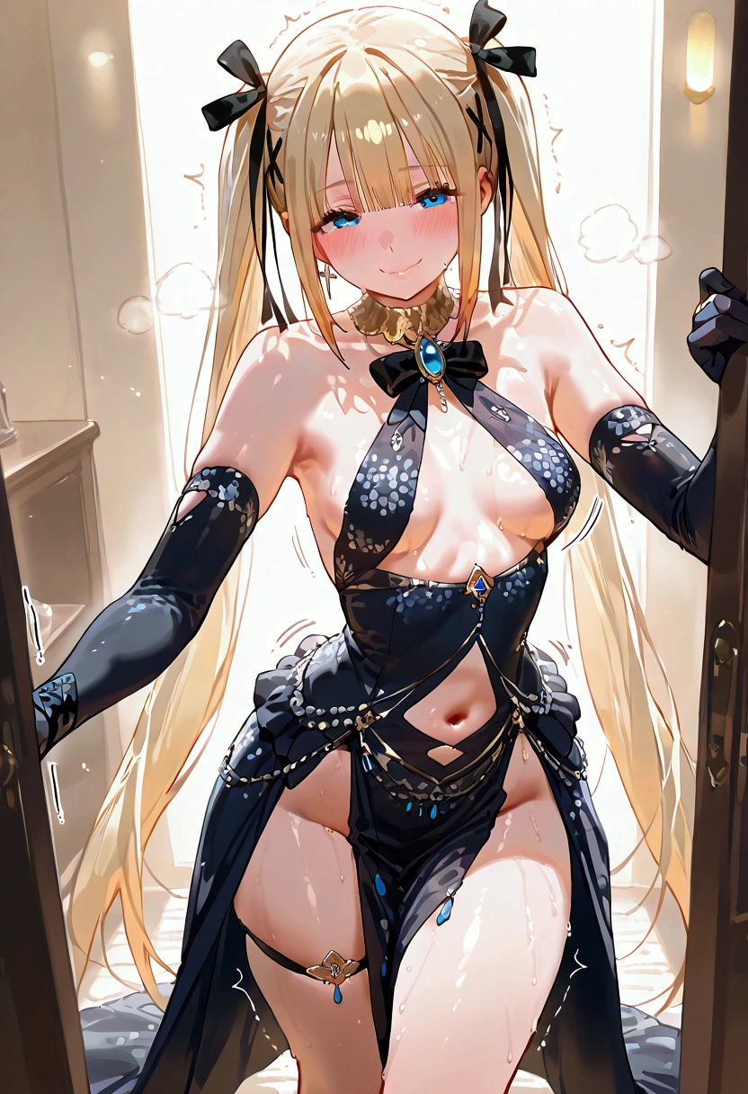 Belly dancer indoors,Marie rose, small breasts, one girl、 blonde hair、 Long Hair、twin tails、blunt bangs、 blue eyes, black dress, bare shoulders, no panties, collared dress, neck jewel, jewel, breast curtains, clothing cutout, navel cutout, pelvic curtain, elbow gloves, black gloves, bridal gauntlets, single thigh high, uneven legwear, high heels, blush, sweaty, steamy, looking at the viewer, (wavy mouth, smile, stealth orgasm, twitching lines), dancing, 