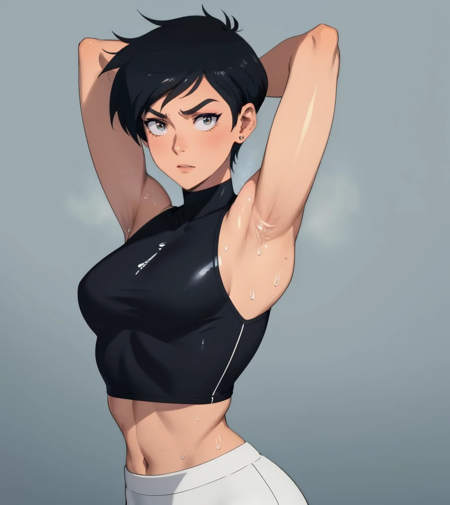 gym background、Super detailed illustrations、horny expression、masterpiece、highest quality、ultra high resolution、high resolution、(Sweat、body fluid)、shiny skin、black hair、very short hair、color red eyes、white croptop turtleneck、sleeveless、Standing picture、hot pants、put hands behind head, armpits, armpits visible, very small breasts, 50 years old
