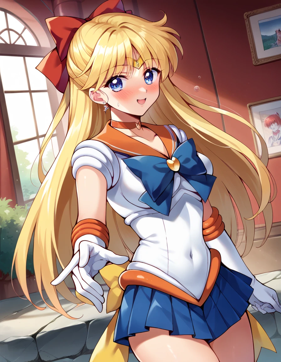 Score_9, Score_8_high, Score_7_high, Those_Anime-Series,
Subscribe, Sailor Venus , blonde hair,  blue eyes , Arch, hair Arch, half highdo,  long hair, red Arch, tiara,
back Arch, necklace, elArch Gloves, Gloves,  jewelry,  magical girl , orange necklace, orange sailor collar, Orange Rock, sailor collar, Matrosensenshi-Uniform, ,  serafuku, Rock, white Gloves,
 inside , Bett, Bett room, on the, Blush, drunk,
 looks at the viewer, cowboy shot,  Dutch angle,