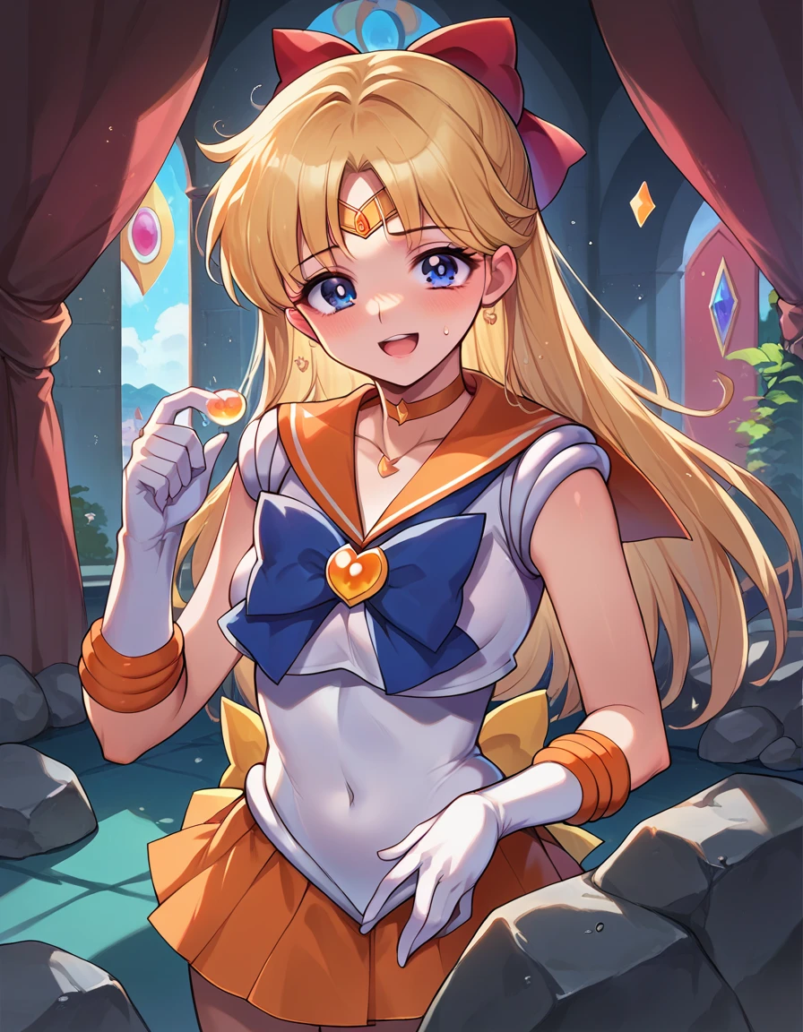 Score_9, Score_8_high, Score_7_high, Those_Anime-Series,
Subscribe, Sailor Venus , blonde hair,  blue eyes , Arch, hair Arch, half highdo,  long hair, red Arch, tiara,
back Arch, necklace, elArch Gloves, Gloves,  jewelry,  magical girl , orange necklace, orange sailor collar, Orange Rock, sailor collar, Matrosensenshi-Uniform, ,  serafuku, Rock, white Gloves,
 inside , Bett, Bett room, on the, Blush, drunk,
 looks at the viewer, cowboy shot,  Dutch angle,