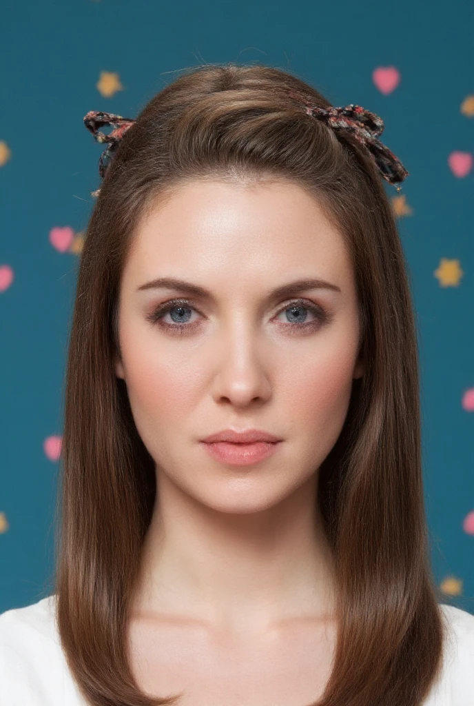 High Quality Photograph of a beautiful woman. Her eyebrow is raised. Smokey black-blue cat eye makeup. There are ribbons in her hair. White blouse. Front view, she looks slightly from under her brows
Azure background with random golden stars and several pink heart candies. she wears hanging  eiffel earrings