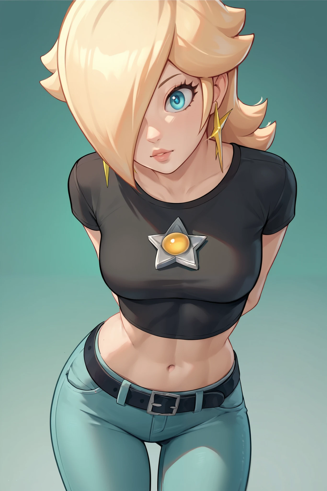 score_9, score_8_up, score_7_up, source_anime, rosalina, blonde hair, blue eyes, hair over one eye, long hair, star earrings, solo, cowboy shot, black t-shirt, taut clothes, tight shirt, midriff, navel, jeans, black belt, arms behind back, leaning forward