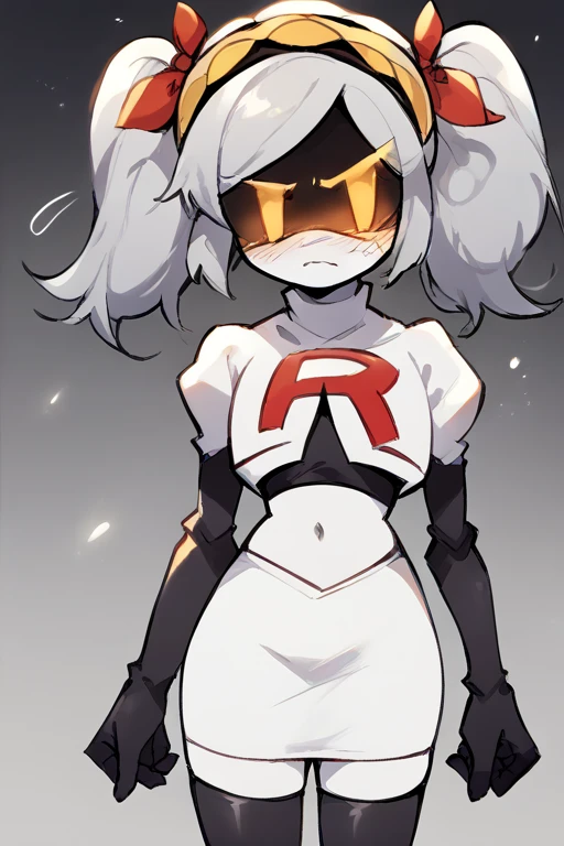 2D, score_9, score_8_up, score_7_up, BREAK, 1girl, solo,sdJ, Grey Hair, Yellow Eyes, Robot, Visor, Twintails, team rocket,team rocket uniform,white skirt,red letter R,crop top,black thigh-highs,black elbow gloves, embarrassed,cowboy shot