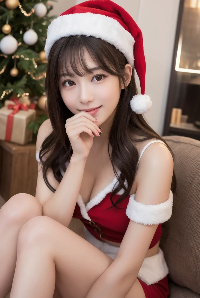 An ultra-high picture quality、((Only one girl appears in the photo、Looking at the camera、Santa costume in red and white with a lot of exposed skin、My girlfriend came to my house on Christmas day.))、(Very cute 22 year old Japanese woman、lovely expression、Laugh a lot、Very good style、Light makeup、gloss々Hair、single slit eyes、brown hair shoulder length)、Very fun、You can almost see your underwear、