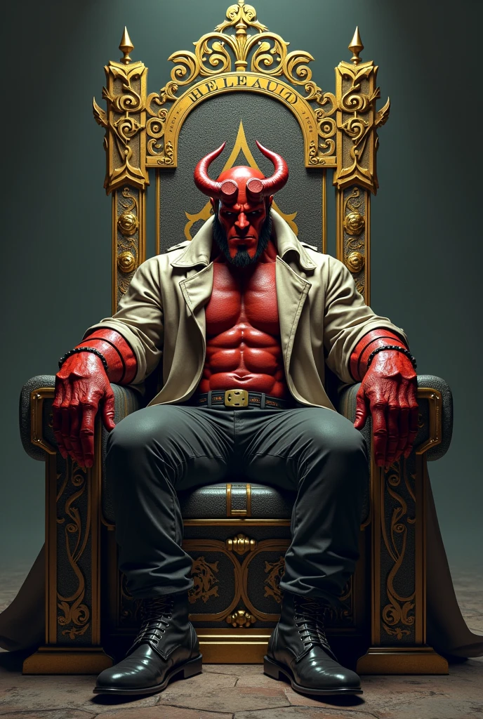 I want a realistic photo featuring a handsome, muscular man with red skin, similar to Hellboy, tattoos, and gold necklaces. The man has the head of a snake and is sitting on a throne. Around him, there are skulls, and lying on the ground are defeated hero characters, including a gorilla, panda, and raccoon. The character sitting on the throne is holding an otter. Next to the throne, there's a gold-plated AK-47, and he has a cigar in his mouth. On the other side of the throne, a beautiful blonde Italian woman with fair skin is hugging him from behind. There will also be a dead gorilla and panda on the ground, along with an otter and a raccoon.