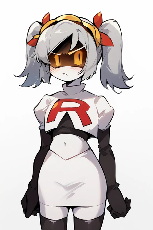 2D, score_9, score_8_up, score_7_up, BREAK, 1girl, solo,sdJ, Grey Hair, Yellow Eyes, Robot, Visor, Twintails, team rocket,team rocket uniform,white skirt,red letter R,crop top,black thigh-highs,black elbow gloves, embarrassed,cowboy shot