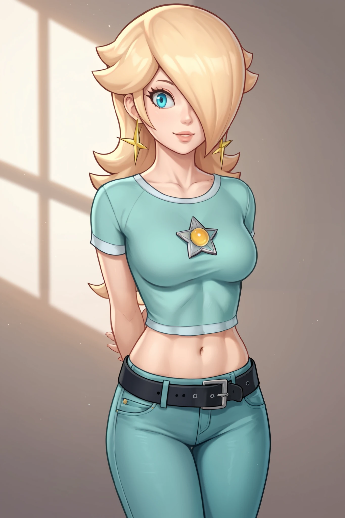 score_9, score_8_up, score_7_up, source_anime, rosalina, blonde hair, blue eyes, hair over one eye, long hair, star earrings, solo, cowboy shot, black t-shirt, taut clothes, tight shirt, midriff, navel, jeans, black belt, arms behind back, leaning forward, smile