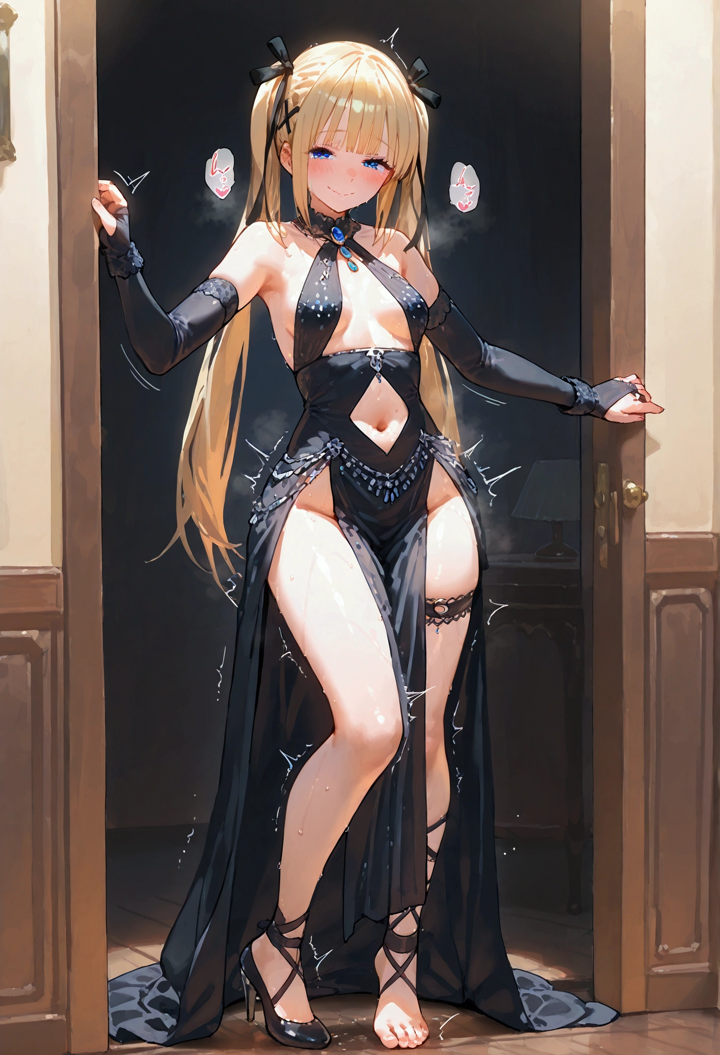 Belly dancer indoors, carpert wooden interior, barefoot, full body, Marie rose, small breasts, one girl、 blonde hair、 Long Hair、twin tails、blunt bangs、 blue eyes, black dress, bare shoulders, no panties, collared dress, neck jewel, jewel, breast curtains, clothing cutout, navel cutout, pelvic curtain, elbow gloves, black gloves, bridal gauntlets, single thigh high, uneven legwear, high heels, blush, sweaty, steamy, looking at the viewer, (wavy mouth, smile, stealth orgasm, twitching lines), dancing, 