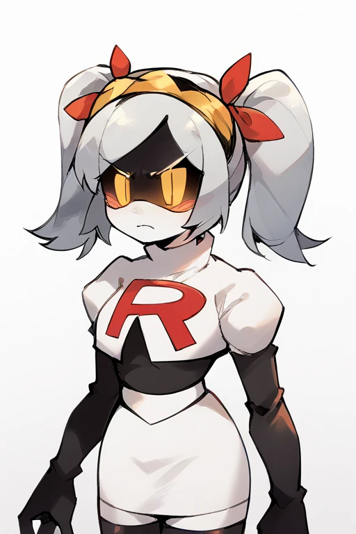 2D, score_9, score_8_up, score_7_up, BREAK, 1girl, solo,sdJ, Grey Hair, Yellow Eyes, Robot, Visor, Twintails, team rocket,team rocket uniform,white skirt,red letter R,crop top,black thigh-highs,black elbow gloves, embarrassed,cowboy shot