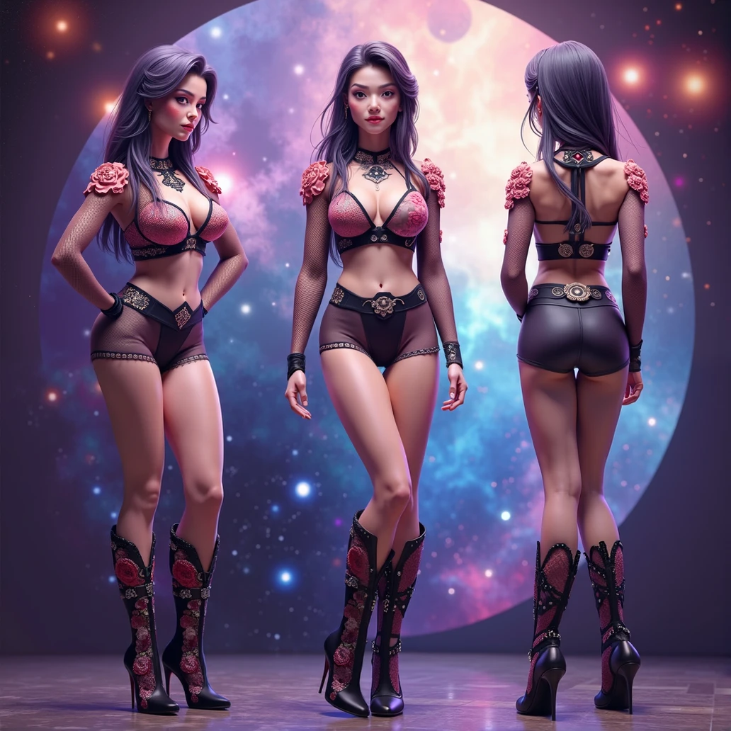 Fibonacci fractal beautiful tattooed bionic girl in full height, iridescent
