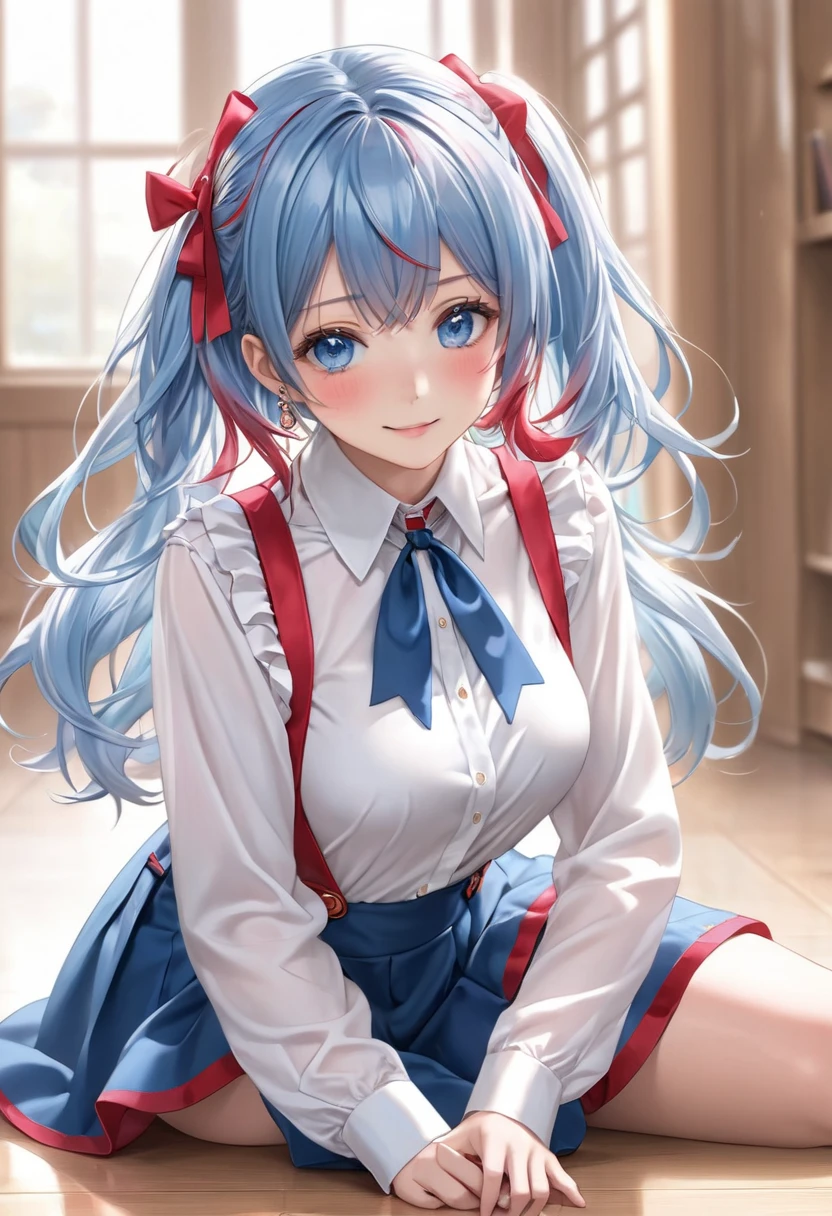 (masterpiece, top quality, best quality, official art, beautiful and aesthetic:1.2),ultra-detailed,intricate details,amazing illustration,award-winning art,atmospheric, 
BREAK,   1 beautiful girl, (17 years old girl),Solo,(Cute:1.5),(Chibi:0.6),(kawaii:1.5),(Lori:0.5),BREAK,(17 years old girl), 1 beautiful girl,Very detailed,colourfull,highest details,Clear skin,Beautiful skin,Shy,Very detailed,colourfull,highest details,BREAK,Clear skin,Beautiful skin,Shy skin,BREAK,(Heterochromia,blue eyes,Green eyes, Eye Highlights,The first hyperfine stars:1.45),star eye silhouette ,BREAK,(pale blue hair, Medium length:1.4),(side ponytail,A little curly hair,Princess Cut, crossed bangs:1.3),(large breasts,Beautiful breasts(best quality face),(Top quality glowing eyes),(The best smile,:D:1.45),  BREAK,

sitting, leaning back, arm support, knees together feet apart, from below, close-up pussy, dutch angle,embarrassed, (closed eyes:1.2), open mouth, sleepy, surprised, tears

BREAK school uniform, (white collared shirt:1), long sleeves, red neck ribbon, (unbuttoned cardigan:1), beige cardigan,
BREAK (blue checked skirt:1.1), white socks, loafers
BREAL hallway, floor, window, shiny hair, portrait, panorama shot, cinematic angle, BREAK,wakame,wakame,wakame,(Cowboy Shot:1.4),

BREAK,(Blurry background:1.3),(absurderes, hight resolution, Super Detail Art),cel shading,Clear Color, Lonely optical effect, Beautiful pictures, Bright glow, mystic atmosphere,(Close-up of girl:1.1), Mystical light particle effect,manga influence, clean line drawings,
