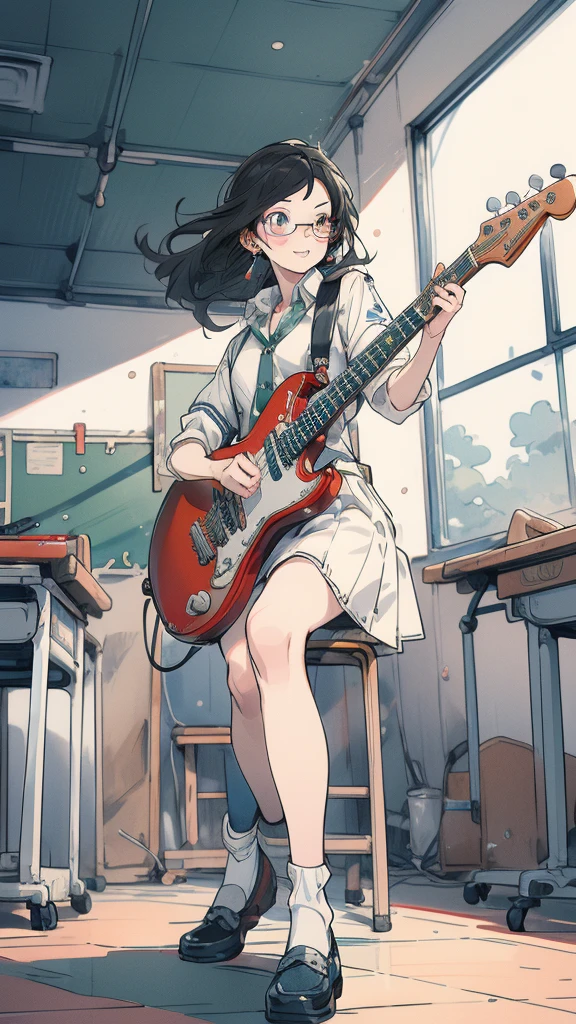 A dynamic anime-style illustration of a youthful high school rock band performing in a classroom. The three band members, all wearing modified Japanese high school uniforms, exude energy and charisma. Front-left: The lead vocalist and bassist, a stylish boy with short, spiky auburn hair and rectangular glasses, passionately singing into a microphone while holding a white bass guitar. He wears an unbuttoned white school shirt with rolled-up sleeves and a loosely draped black tie. Center: The drummer in the background, seated behind a vivid red drum set, has medium-length black hair and a shy smile, dressed in a neatly buttoned shirt. Right: The guitarist, a confident boy with short, slightly messy black hair, strums a sleek black electric guitar while singing into his microphone. His school shirt is also unbuttoned slightly, and he wears a casual expression.

Background: The classroom is brightly lit with natural sunlight streaming in through large windows, creating soft shadows. Posters and maps decorate the green chalkboard, adding a lively and nostalgic feel. The wooden desks and chairs are pushed to the sides, emphasizing the makeshift stage setup.

Stylistic Details: The scene is vibrant and dynamic, with dramatic angles and slight motion blur on the musicians’ movements. The art style is a blend of vibrant shonen anime aesthetics and realism, with attention to detail in the instruments’ textures and the characters’ facial expressions. The lighting enhances the atmosphere, focusing on the performers with softer shadows on the walls and floor.

Mood: Energetic, youthful, and nostalgic, capturing the spirit of friendship and passion for music.