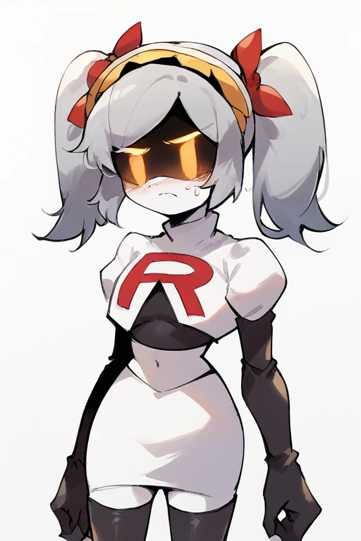 2D, score_9, score_8_up, score_7_up, BREAK, 1girl, solo,sdJ, Grey Hair, Yellow Eyes, Robot, Visor, Twintails, team rocket,team rocket uniform,white skirt,red letter R,crop top,black thigh-highs,black elbow gloves, embarrassed,cowboy shot