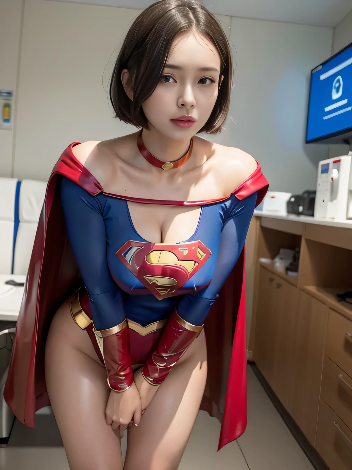 masterpiece、supergirl costume、short hair、barefoot、big and full breasts、operating room、operating table、Crisis situation、straddle、flowing sweat、shiny、look at the camera、provocation、Estrus、choker、Weekly magazine cover、long sleeve、red mini skirt、obscene pose、Seduce、execution stand