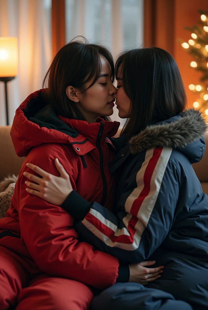 2 beautiful chinese women, wearing ((navy blue silk puffer coats, fur hoods), ((red silk)) bras, sheer panties), (((((kiss))))), seductive, large breasts, cute