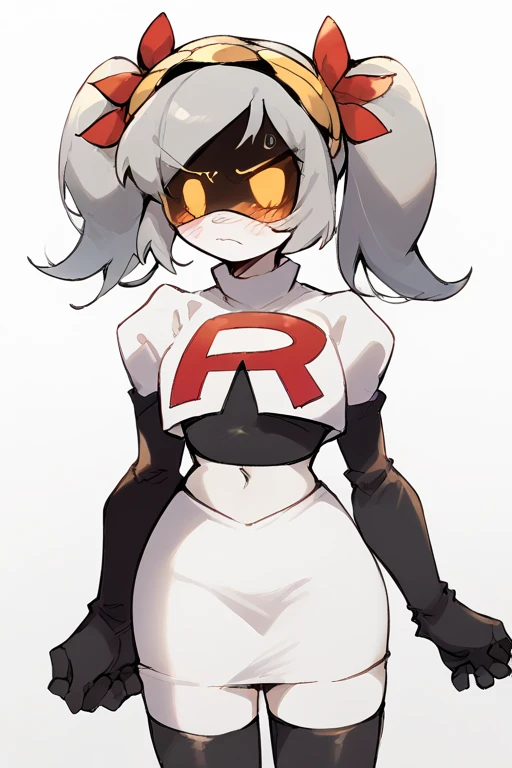 2D, score_9, score_8_up, score_7_up, BREAK, 1girl, solo,sdJ, Grey Hair, Yellow Eyes, Robot, Visor, Twintails, team rocket,team rocket uniform,white skirt,red letter R,crop top,black thigh-highs,black elbow gloves, embarrassed,cowboy shot