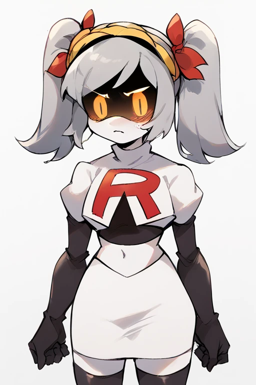 2D, score_9, score_8_up, score_7_up, BREAK, 1girl, solo,sdJ, Grey Hair, Yellow Eyes, Robot, Visor, Twintails, team rocket,team rocket uniform,white skirt,red letter R,crop top,black thigh-highs,black elbow gloves, embarrassed,cowboy shot