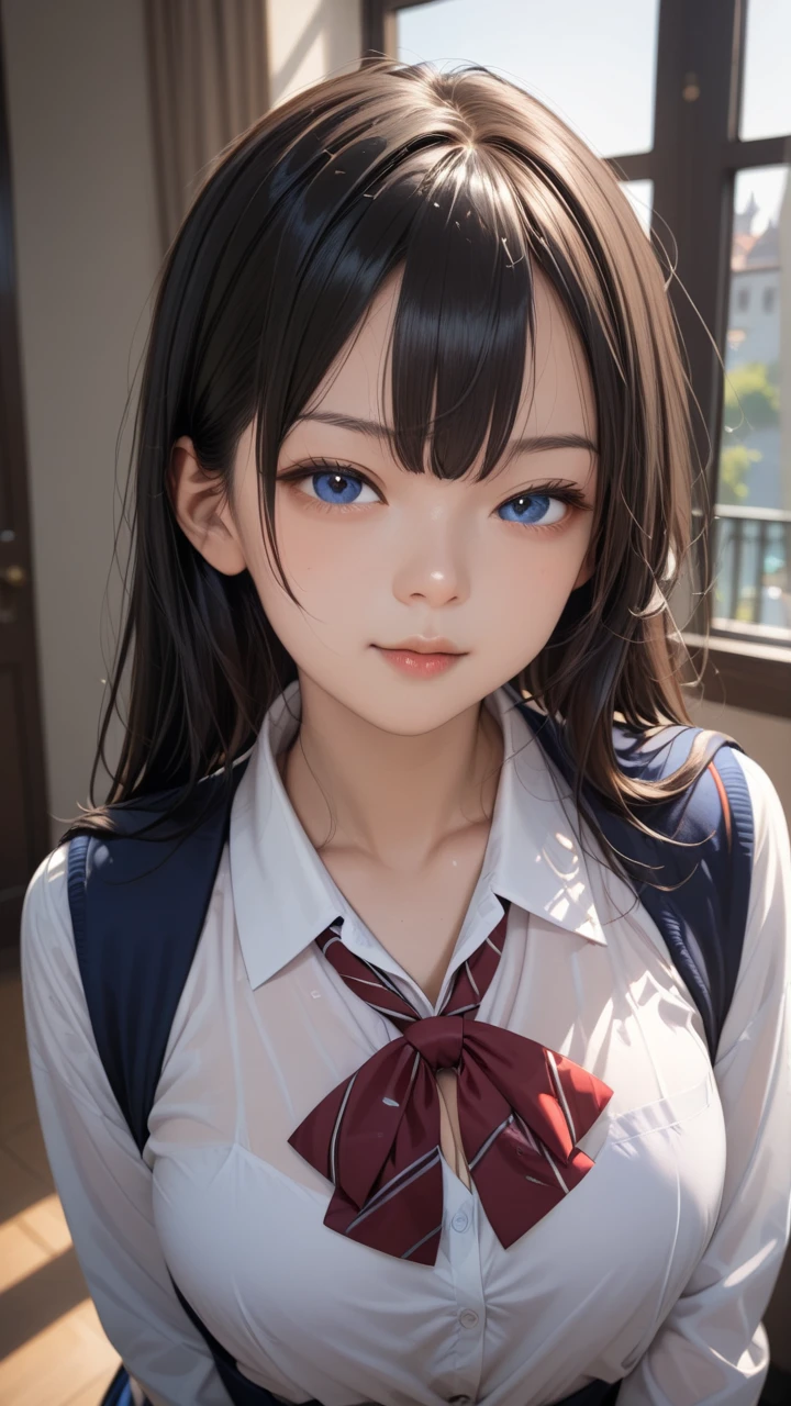 score_9,score_8_up,score_7_up,rating_safe,Vector Art,hd cg,1girl,(small face:1.2),Relaxed mouth,(big eyes:0.5),blue eyes,(look at Viewer:1.3),black hair,oily Skin ,skin highlights,underbust,bangs,lapel collar,(school uniform:1.3),Long sleeves,See-through,standing,Castle,(Dark Room:1.3),pov,upperbody,