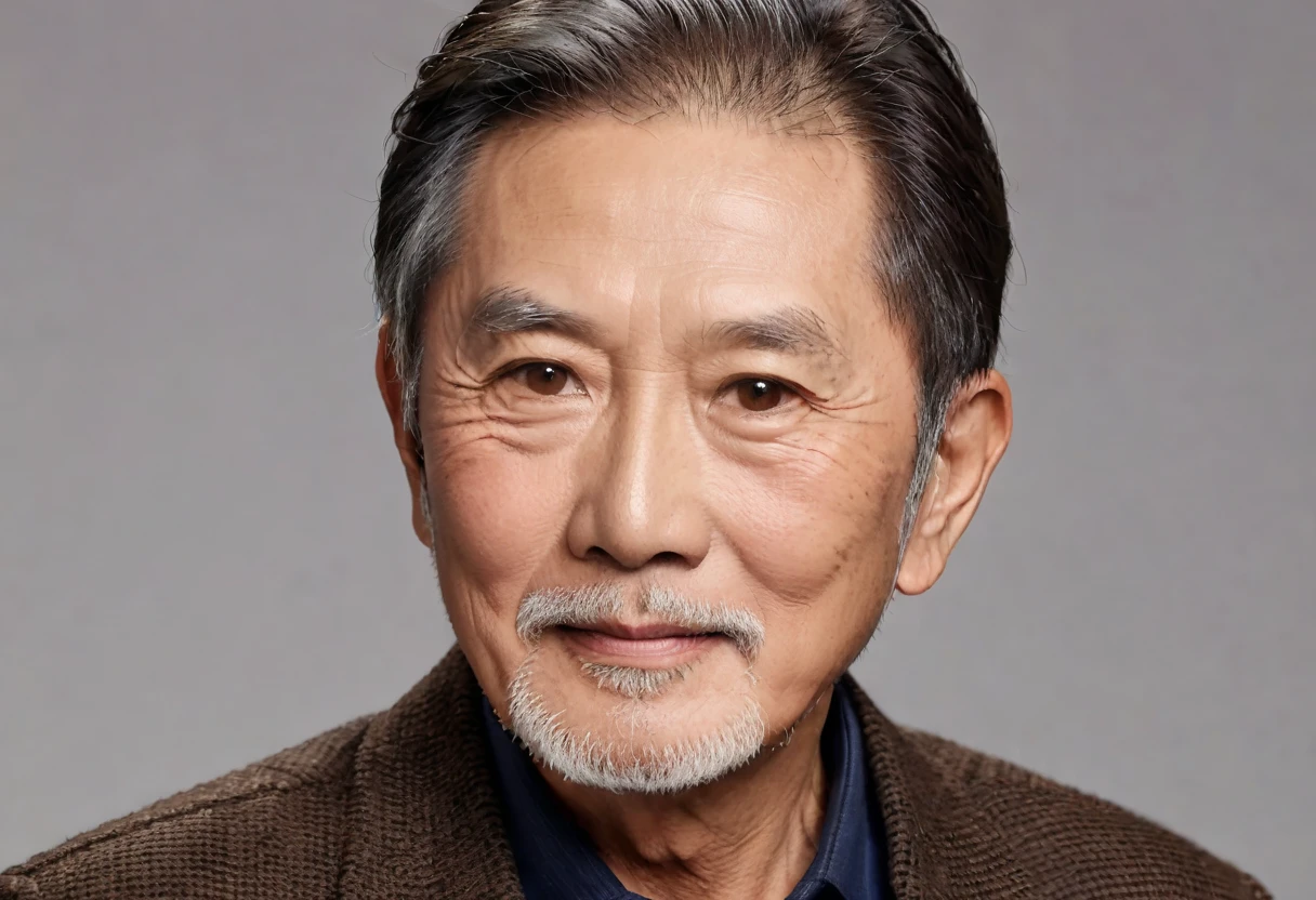 70-year-old man、Asian look ,  charming,  straight chocolate colored hair,  manly cut ,  caramel eyes 