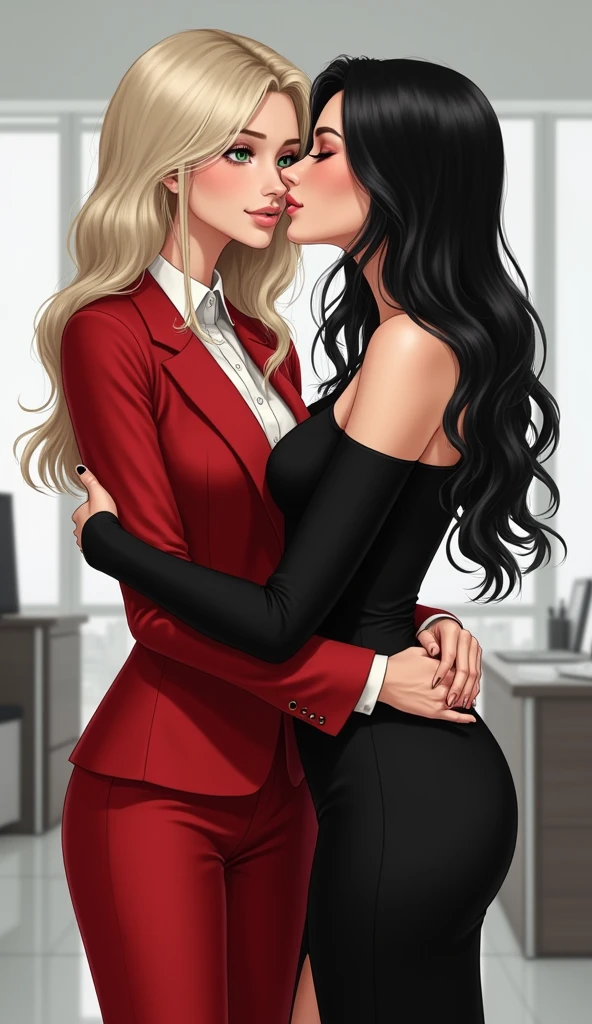 Kiss,lesbian kiss,mature woman,ceo and secretary,(pixie hair ceo),(ponytail hair secretary),CEO is sitting, dominant secretary,too many women, everyone kissing, love,passion,calm