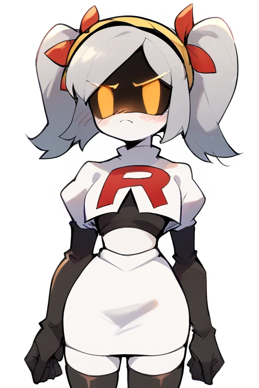 2D, score_9, score_8_up, score_7_up, BREAK, 1girl, solo,sdJ, Grey Hair, Yellow Eyes, Robot, Visor, Twintails, team rocket,team rocket uniform,white skirt,red letter R,crop top,black thigh-highs,black elbow gloves, embarrassed,cowboy shot