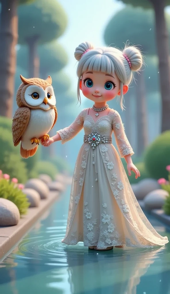 Here’s an updated prompt based on your request:

"A breathtaking fantasy artwork featuring a beautiful young Korean woman with long, flowing white hair and piercing blue eyes, wearing an elegant hijab. She is dressed in an intricately detailed lace gown, adorned with shimmering silver accents and delicate jewelry. She holds a majestic barn owl with vivid blue eyes perched gracefully on her arm. The setting is a mystical snowy forest, with soft snowflakes gently falling and an ethereal glow illuminating the scene. The atmosphere is serene and magical, with towering trees in the background partially shrouded in mist, creating a sense of wonder and enchantment. The composition emphasizes elegance, grace, and a touch of mystery."

