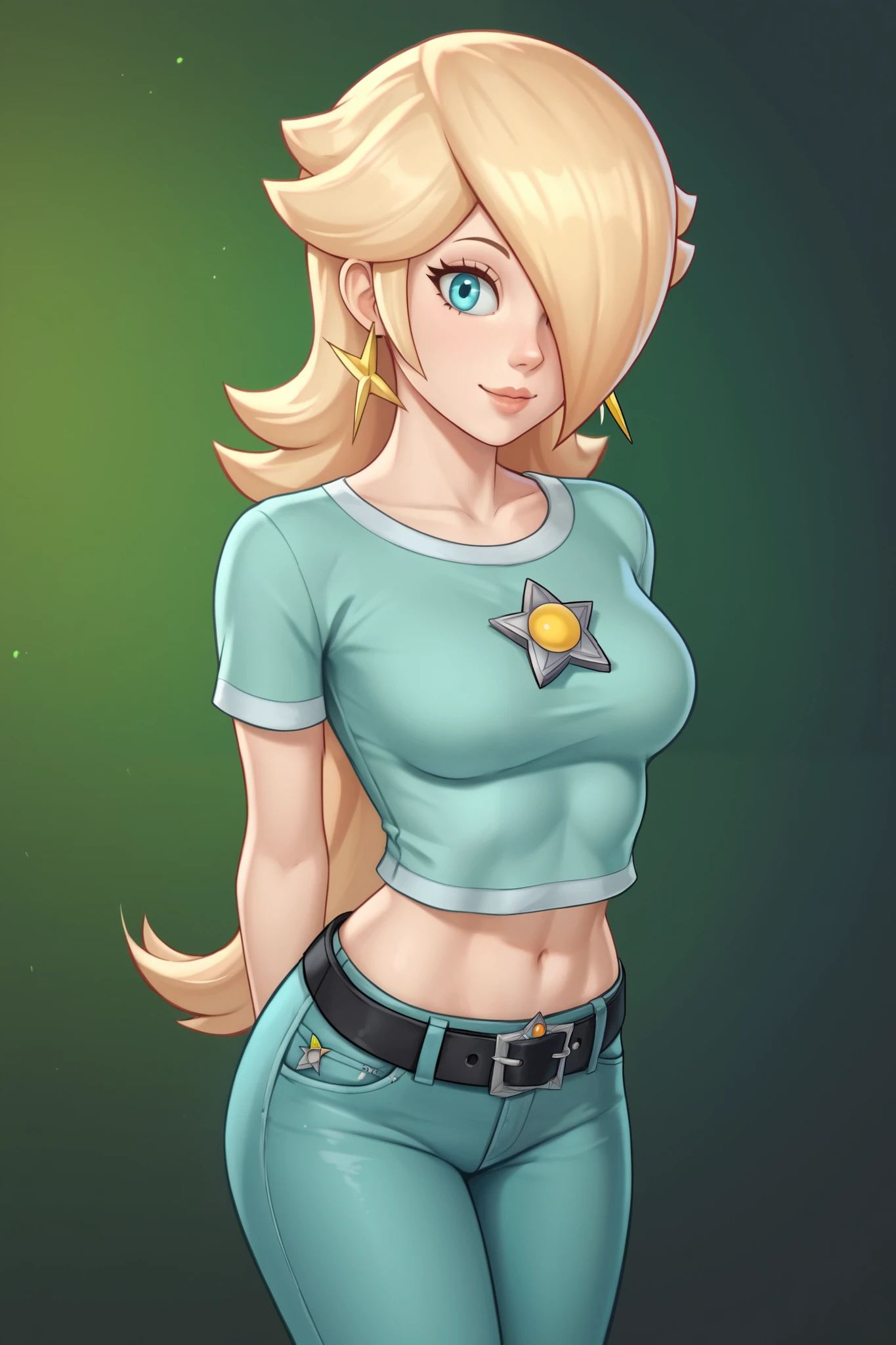 score_9, score_8_up, score_7_up, source_anime, rosalina, blonde hair, blue eyes, hair over one eye, long hair, star earrings, solo, cowboy shot, black t-shirt, taut clothes, tight shirt, midriff, navel, jeans, black belt, arms behind back, leaning forward, smile