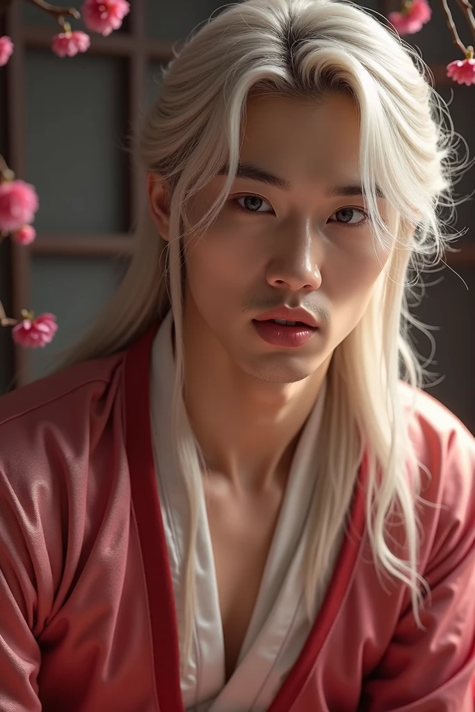 {{{{{16k, Camera angles close to his face with an authoritative expression and large pecs}}}}}, {{{{{His body and sexual appeal are at their peak and he exudes an extremely seductive aura. He kneels with his eyes up, drooling from the tip of his tongue and sticking out his tongue lovingly. Korean man, solo, manhwa, Geum-hoo, violet eyes, long platinum hair, gat hat, (nude: 1.3), (transparent hanbok), big breasts, cleavage, thighs, coffee ass, (sakura: 1.3)