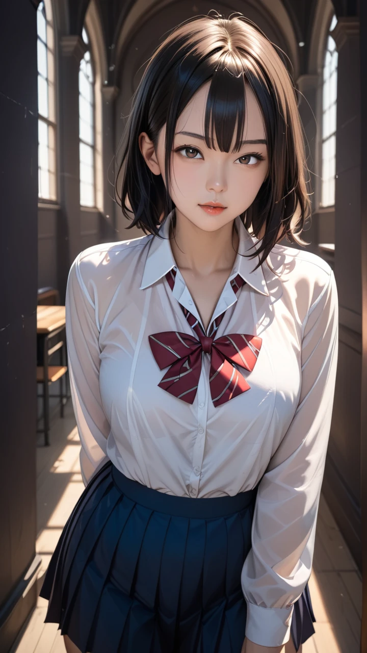 (((School Uniform Cosplay、))) ((summer clothing、  )) ((teats、Come Out、areola hollows,)) portlate、In a seductive pose、Raise your arms、Hands up、ultra-short hair、pubick hair、((( 陰核、 、Vaginal opening、Open the))) (( )) (((Spread your legs、Open your crotch、))) (((perspiring、 ))) a picture、​masterpiece、