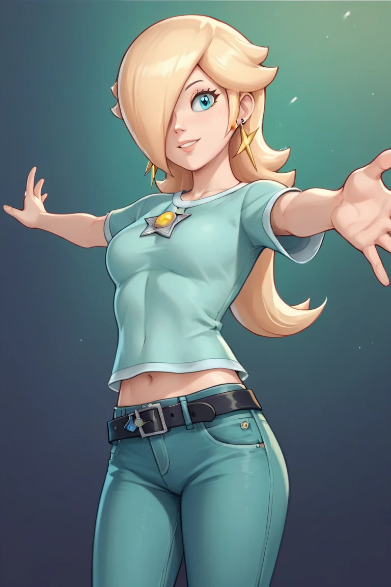 score_9, score_8_up, score_7_up, source_anime, rosalina, blonde hair, blue eyes, hair over one eye, long hair, star earrings, solo, cowboy shot, black t-shirt, taut clothes, tight shirt, midriff, navel, jeans, black belt, lutstretched arms, smile