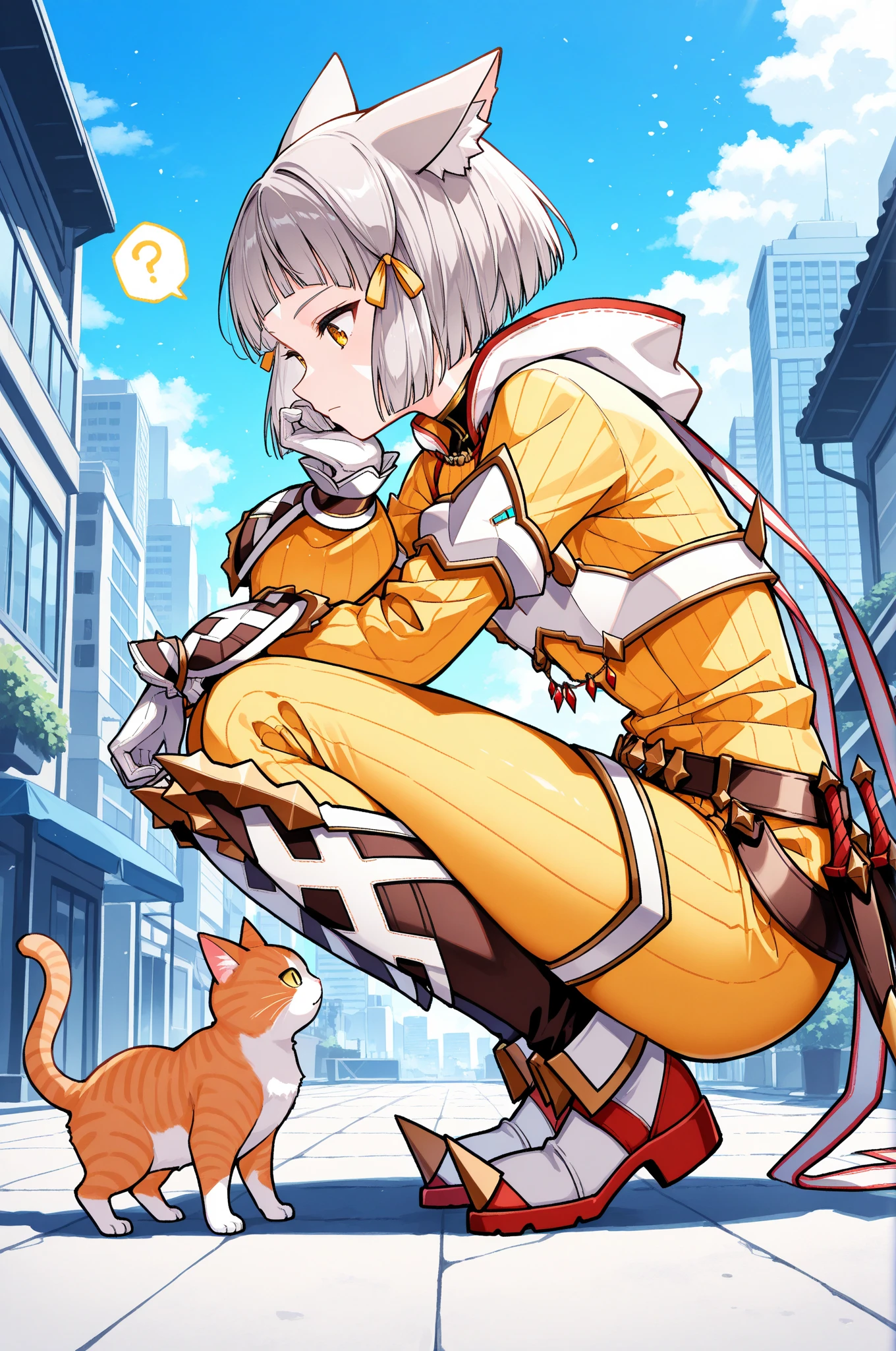 masterpiece, best quality, 1girl, solo, xc2N1a, cat ears, grey hair, short hair, blunt bangs, facial mark, hair ribbon, yellow bodysuit, long sleeves, belt, white gloves, boots, squatting, looking at cat, looking down, from side, cat, hand on own chin, spoken question mark, blue sky, city