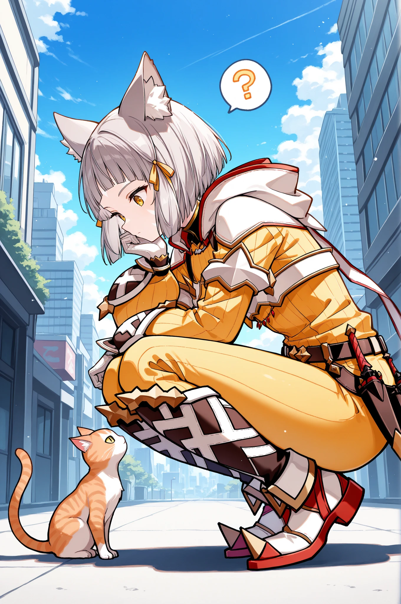 masterpiece, best quality, 1girl, solo, xc2N1a, cat ears, grey hair, short hair, blunt bangs, facial mark, hair ribbon, yellow bodysuit, long sleeves, belt, white gloves, boots, squatting, looking at cat, looking down, from side, cat, hand on own chin, spoken question mark, blue sky, city