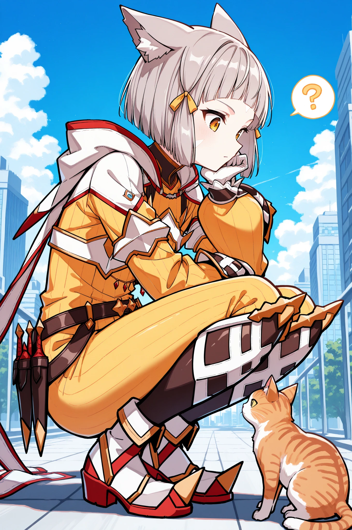 masterpiece, best quality, 1girl, solo, xc2N1a, cat ears, grey hair, short hair, blunt bangs, facial mark, hair ribbon, yellow bodysuit, long sleeves, belt, white gloves, boots, squatting, looking at cat, looking down, from side, cat, hand on own chin, spoken question mark, blue sky, city