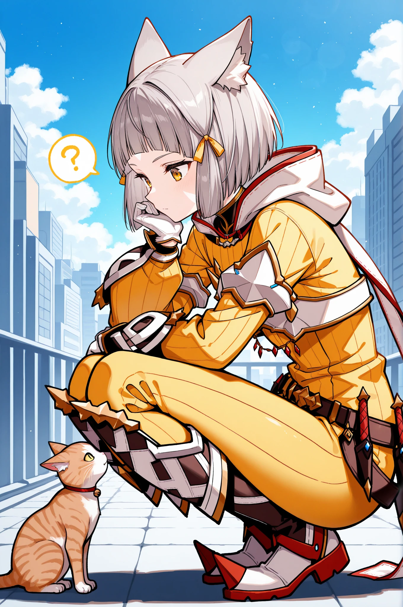 masterpiece, best quality, 1girl, solo, xc2N1a, cat ears, grey hair, short hair, blunt bangs, facial mark, hair ribbon, yellow bodysuit, long sleeves, belt, white gloves, boots, squatting, looking at cat, looking down, from side, cat, hand on own chin, spoken question mark, blue sky, city