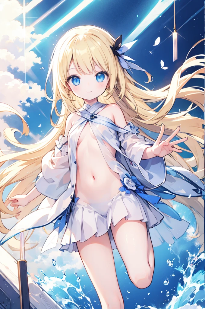 ,((Highest quality))),8K,((masterpiece)),(Very sophisticated and beautiful), A girl emerges from the sea, The Swan Princess of Russian Mythology, Beautiful calm face, blue eyes, Long blonde hair braided, Moon braid at the back of the head, With a kokoshnik crown on his head、White and shiny old Russian sheer clothing, Loving eyes, Half-laugh, There was a gentle look on his face, Background seascape and sunlight, Seagulls in the sky, full length, realism((Toddler girl))　((5 ))((naked))　((nsfw))