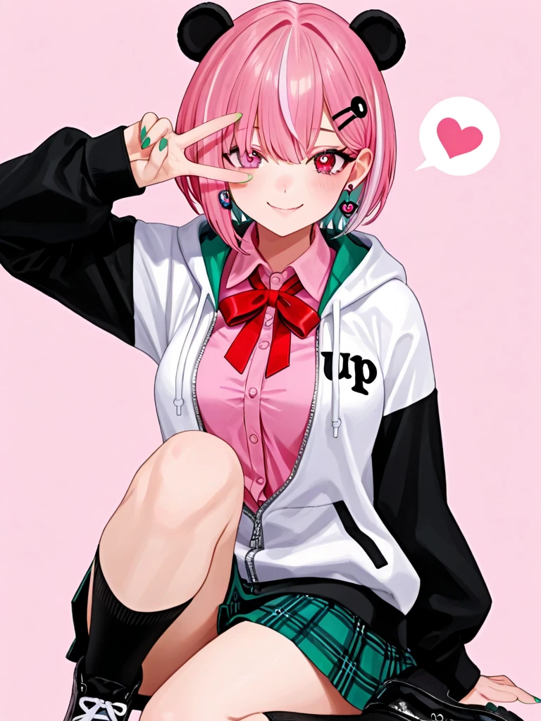            top quality,         High-quality images            ,            masterpiece,                 SasakiSaku 、    1 girl、       virtual youtuber     、     pink hair、 multi-colored hair 、     Shorthair 、 、    pink eye、green claws、   
   hair clip、     earrings for women with first name、   Animal Food    、Panda Food   、Food Up、    2 tone jacket  、     white jacket、  black sleeve  、     Long Sleeve     、     colored shirt     、     pink shirt with knee 、    red ribbon tie   、     plaid skirt    、    green skirt     、 Black Socks 、Black shoes、 、  smile、    simple background、  medium breasts 、 Very large 、 Heart Eye 、v over eye 、