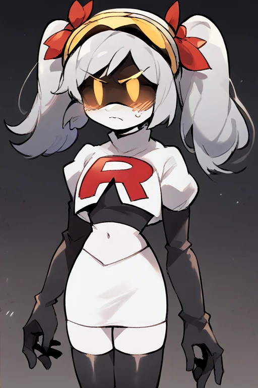 2D, score_9, score_8_up, score_7_up, BREAK, 1girl, solo,sdJ, Grey Hair, Yellow Eyes, Robot, Visor, Twintails, team rocket,team rocket uniform,white skirt,red letter R,crop top,black thigh-highs,black elbow gloves, embarrassed,cowboy shot