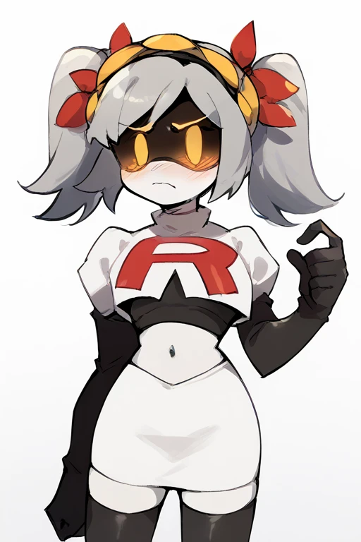 2D, score_9, score_8_up, score_7_up, BREAK, 1girl, solo,sdJ, Grey Hair, Yellow Eyes, Robot, Visor, Twintails, team rocket,team rocket uniform,white skirt,red letter R,crop top,black thigh-highs,black elbow gloves, embarrassed,cowboy shot