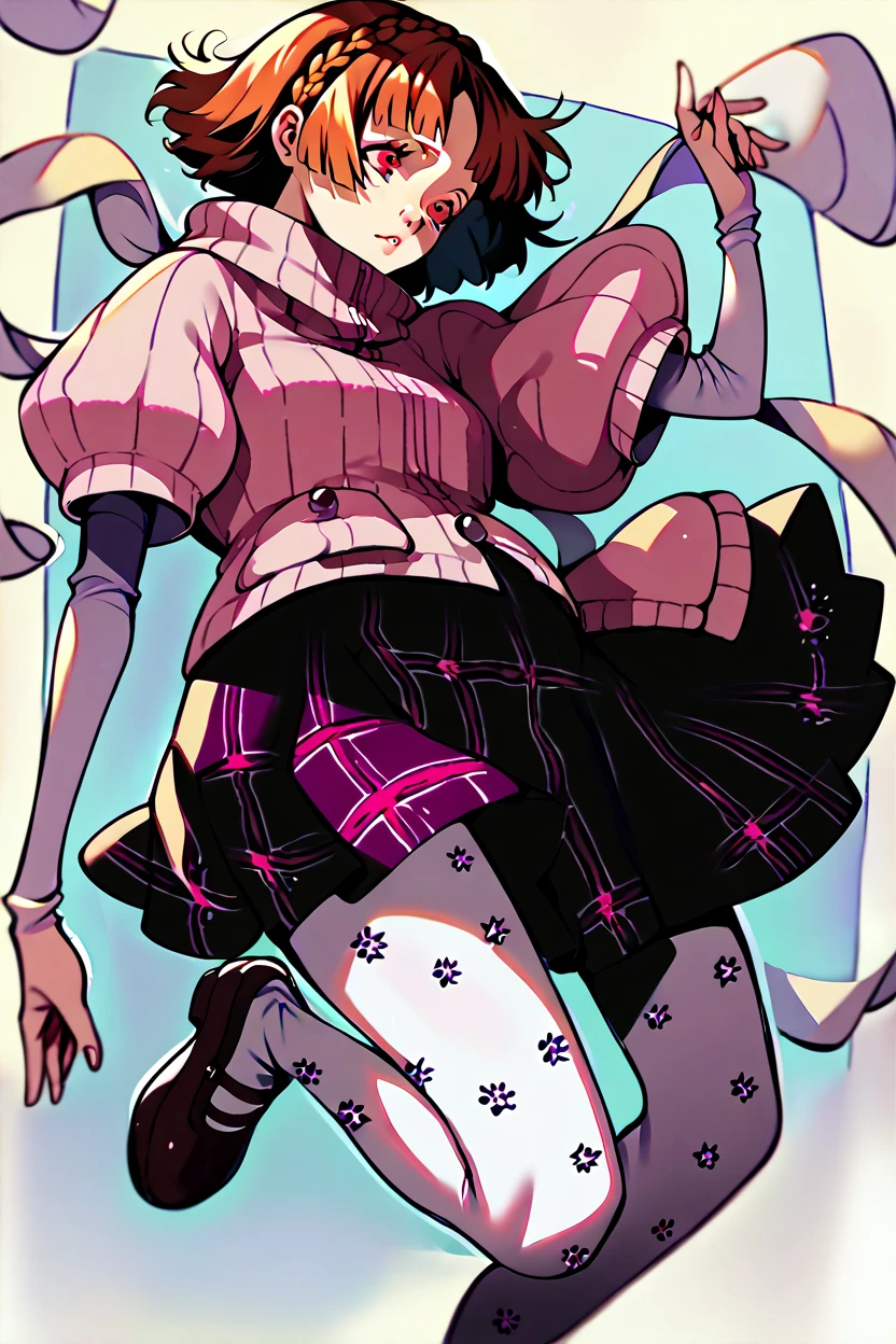 Makoto Niijima, crown braid, brown hair, red eyes, pink ribbed sweater, turtleneck sweater, short over long sleeves, plaid skirt, pleated skirt, print pantyhose, mary janes