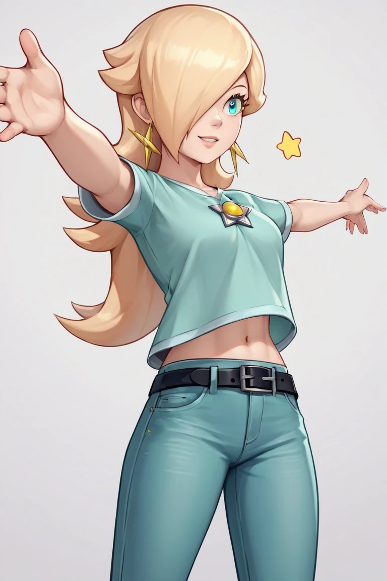 score_9, score_8_up, score_7_up, source_anime, rosalina, blonde hair, blue eyes, hair over one eye, long hair, star earrings, solo, cowboy shot, black t-shirt, taut clothes, tight shirt, midriff, navel, jeans, black belt, lutstretched arms, smile