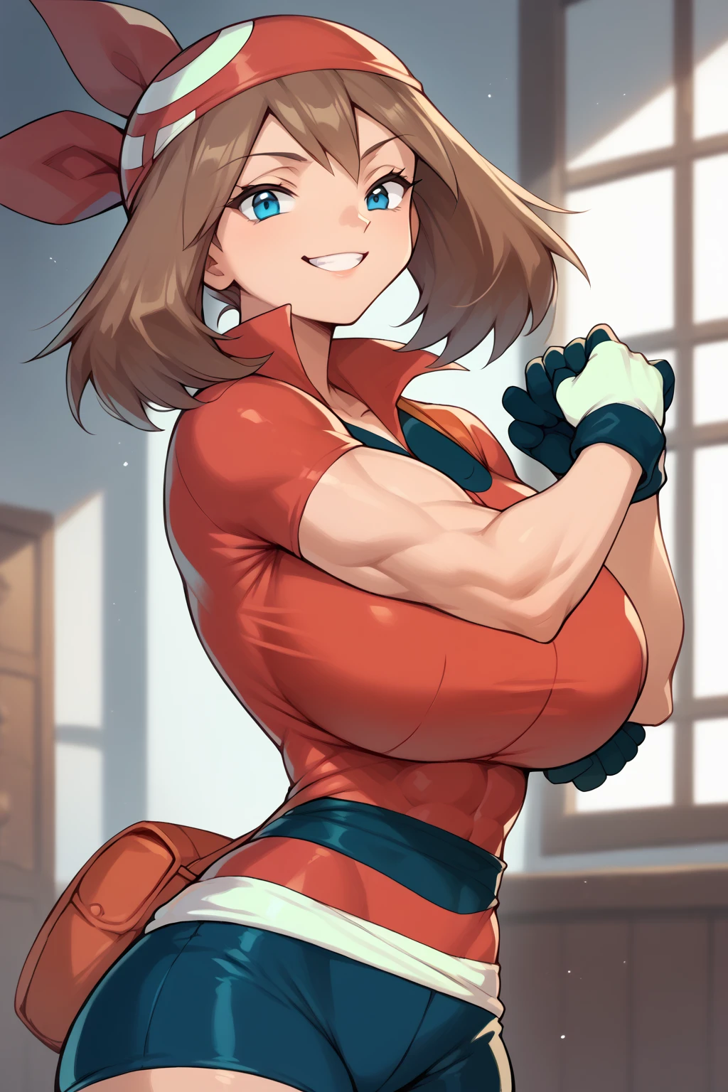 score_9, score_8_up, score_7_up, score_6_up, BREAK May from pokemon, wearing soldier outfit, big breasts, evil smirk,one hand on hip, sweating, in a living room, looking at viewer