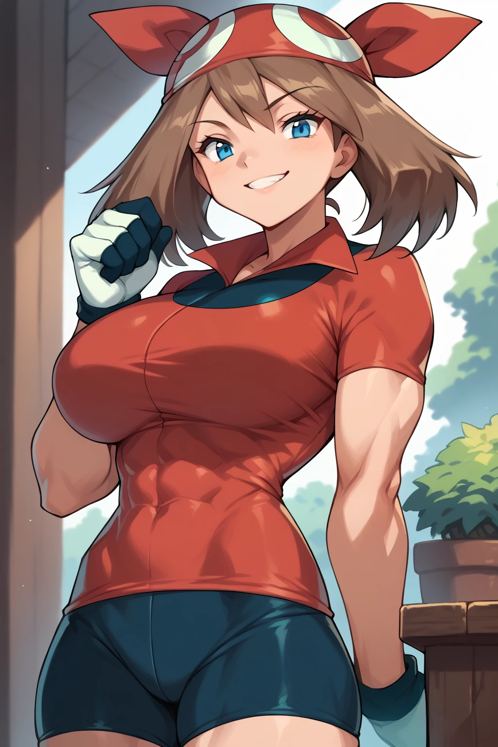 score_9, score_8_up, score_7_up, score_6_up, BREAK, zzMay, solo, blue eyes, brown hair, short hair, 
red bandana, red shirt, short sleeves, gloves, black shorts, torso, smug smile, 
gigantic bust, toned, muscles, hourglass body, 
