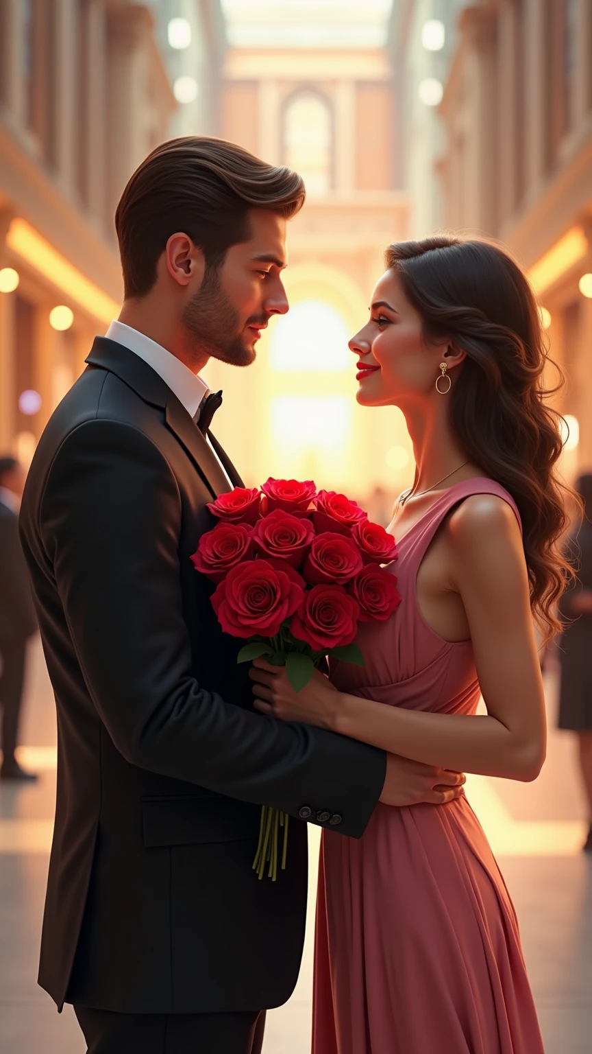 Smiling woman holding a bouquet of red roses and a man, romantic couple, Smiling couple, Happy couple, Cute woman, shutter inventory, author：Nico Henrikan, stockphoto, stock image, cute couple, author：Matt Kavota, beautiful and smiling, woman, Romantic, Date, author：Karl Volk, author：Matthia Jama