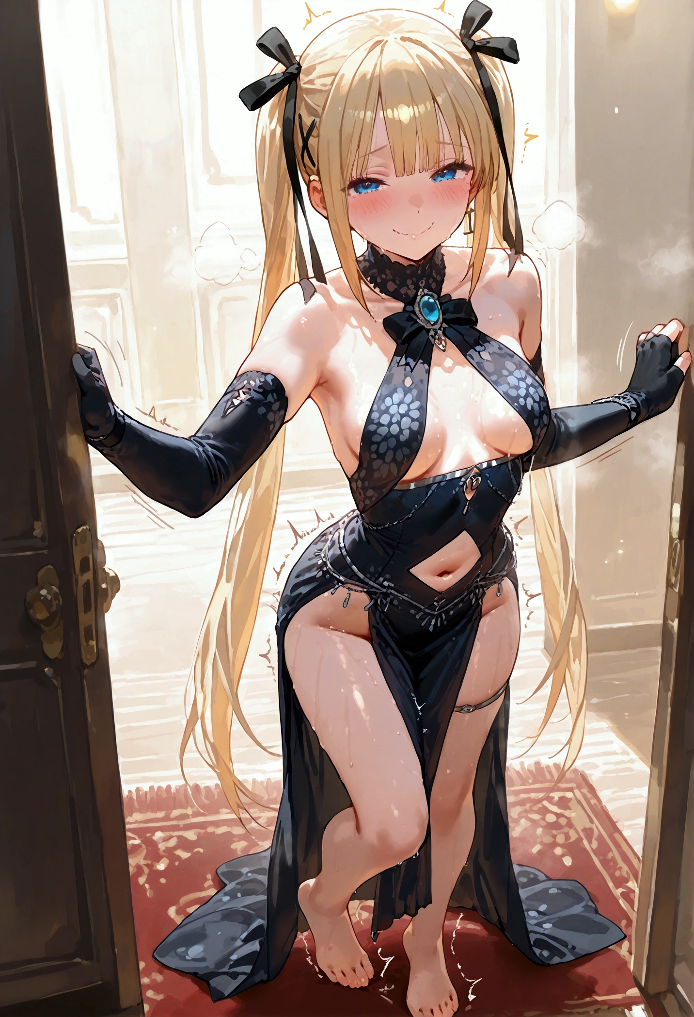 Belly dancer indoors, carpet wooden interior, barefoot, full body, Marie rose, small breasts, one girl、 blonde hair、 Long Hair、twin tails、blunt bangs、 blue eyes, black dress, bare shoulders, no panties, collared dress, neck jewel, jewel, breast curtains, clothing cutout, navel cutout, pelvic curtain, elbow gloves, black gloves, bridal gauntlets, blush, sweaty, steamy, looking at the viewer, (wavy mouth, smile, stealth orgasm, twitching lines), dancing, 